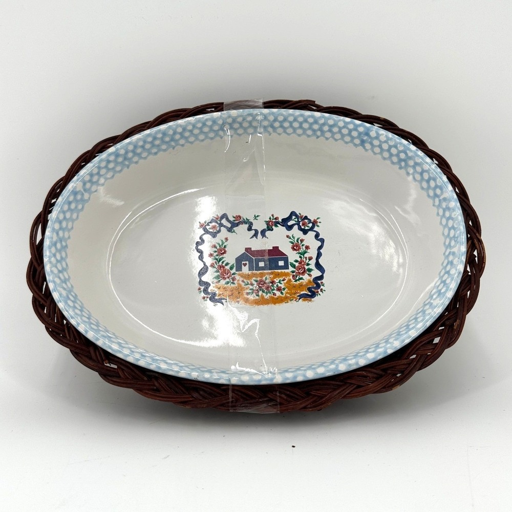 Oval Ceramic Baking Dish Wicker Basket Carrier Country Cottage Blue Polka Dot